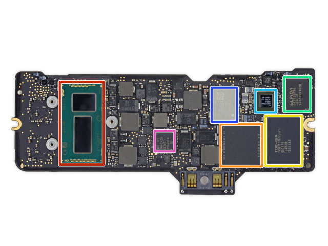 The CPU side of the logic board. It has various RAM chips, half of the SSD's flash, and some wireless adapters.
