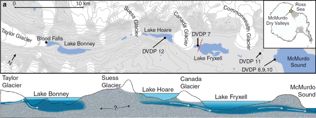 Map and simplified cross-section of Taylor Valley and its salty groundwater.