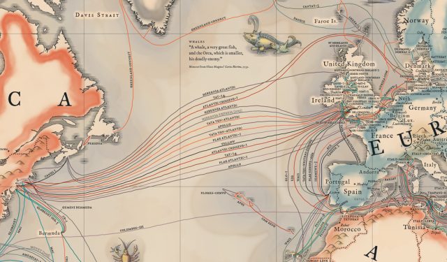 Submarine cable map for the Atlantic and Europe