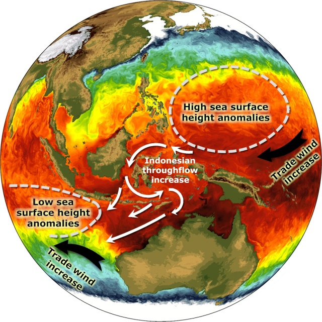 Map of ocean surface temperatures showing the route taken by the stolen goods.