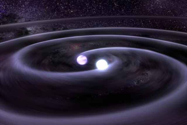 Artist's impression of a pair of white dwarfs, spiraling in toward each other. Such a system could be the progenitor of a type Ia supernova.