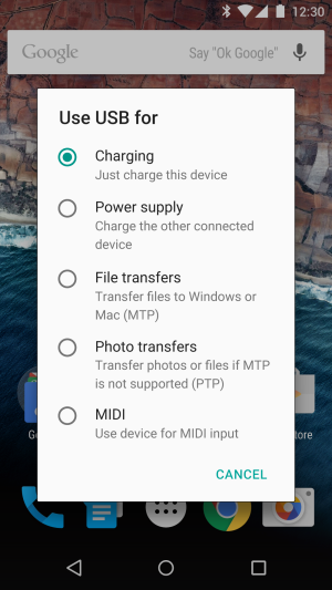The USB selection pop-up in Android M.