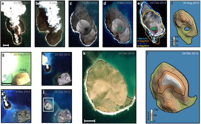 The top row of images shows the evolution of Sholan Island, while the lower images are of Jadid Island. The right-most images show elevation in meters above sea level.