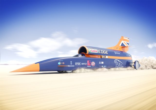 Artist's rendering of a rocket car screaming across the desert.