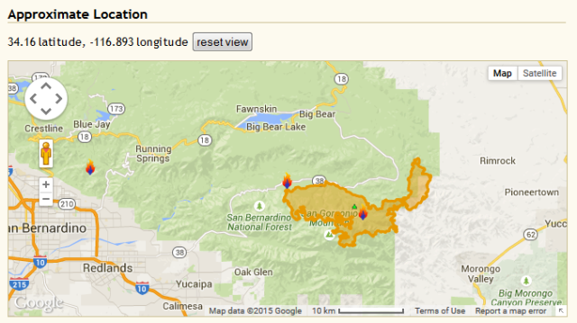 The area being scorched by the Lake Fire in Southern California. The small fire icon to the left is the Sterling Fire.