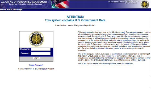 The OPM Federal Investigative Service secure Web portal, powered by the no-longer-supported Adobe JRun.