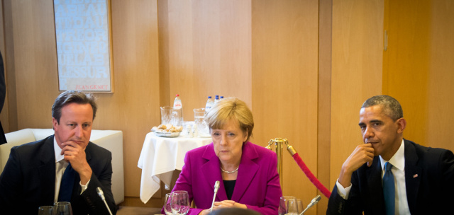 Angela Merkel (center) is the chancellor of Germany.