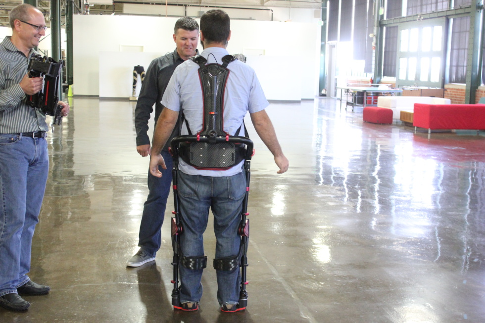 Cyrus Farivar in an Ekso Works mechanical exoskeleton.