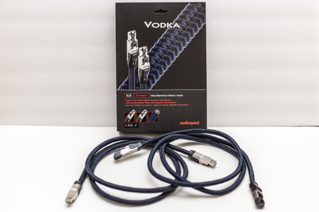 Audiophile-grade "Vodka" Ethernet cables, from AudioQuest. They even have directional indicators!