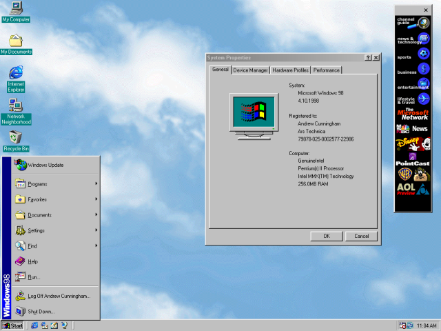 Windows 98 could show your favorites from Internet Explorer—integrating its OS and its browser got Microsoft into some regulatory trouble, as you might recall.