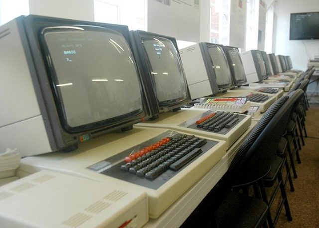 A bank of BBC Micros at the National Museum of Computing