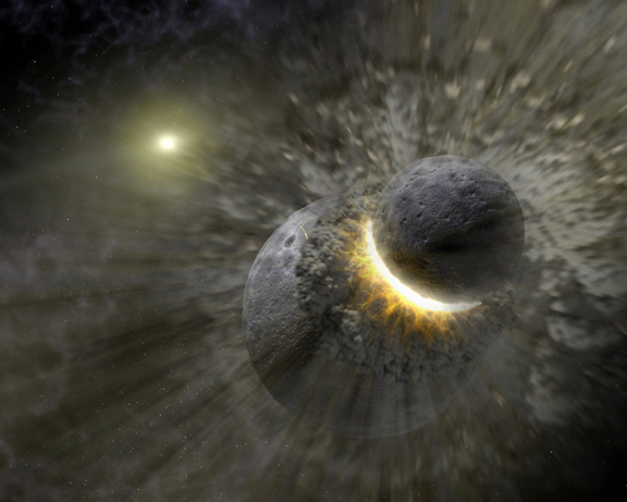 Artist's impression of the collision event that probably formed the Moon. 