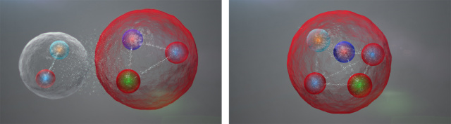 The new particle may be a composite of two familiar ones (left) or the first of a class of five-quark particles.