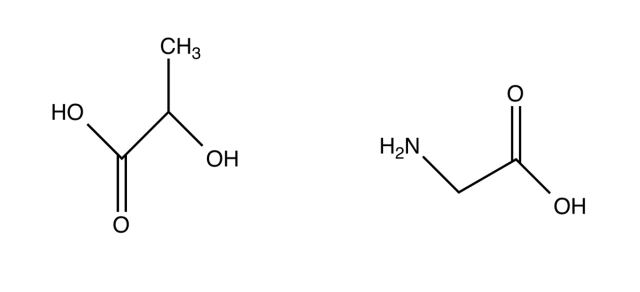 Lactic acid (left) and an amino acid, the starting materials of these reactions.