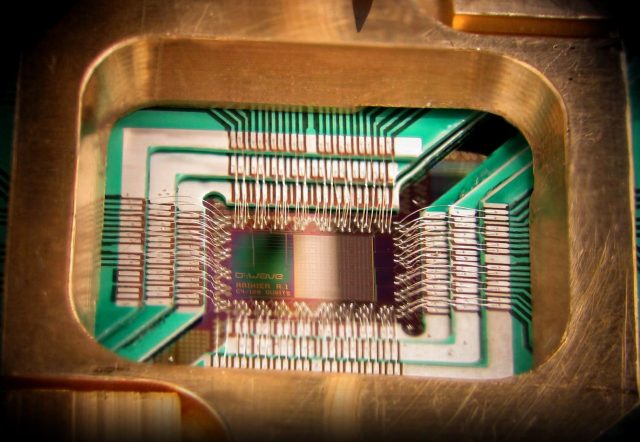 A chip manufactured by D-Wave Systems that has some quantum properties.