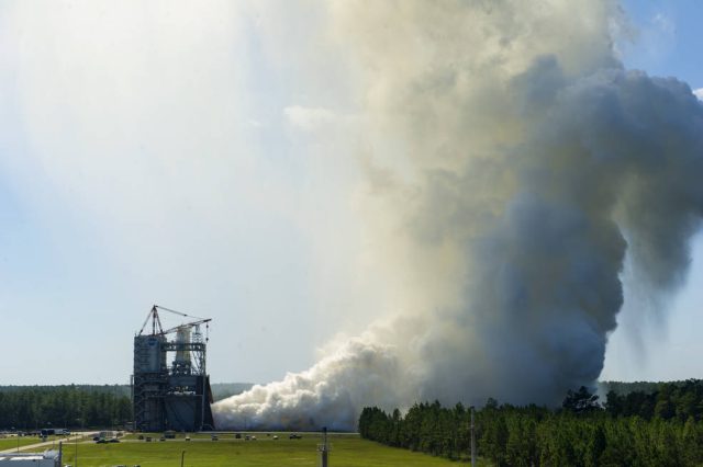 "The RS-25 engine fires up for a 535-second test August 27, 2015 at NASA's Stennis Space Center near Bay St. Louis, Mississippi. This is the final in a series of seven tests for the development engine, which will provide NASA engineers critical data on the engine controller unit and inlet pressure conditions," NASA writes.