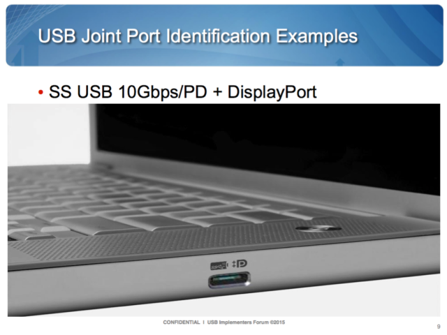 Individual ports can be marked with multiple logos. In this mockup, the left marking tells us it supports 10Gbps USB 3.1 and USB Power Delivery, and the right marking tells us it supports DisplayPort via USB Alternate Mode.