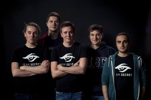 Team Secret. Left to right: Ludwig "zai" Wåhlberg, Clement "Puppey" Ivanov, Gustav "s4" Magnusson, Artour "Arteezy" Babaev, and Kuro "KuroKy" Salehi Takhasomi.