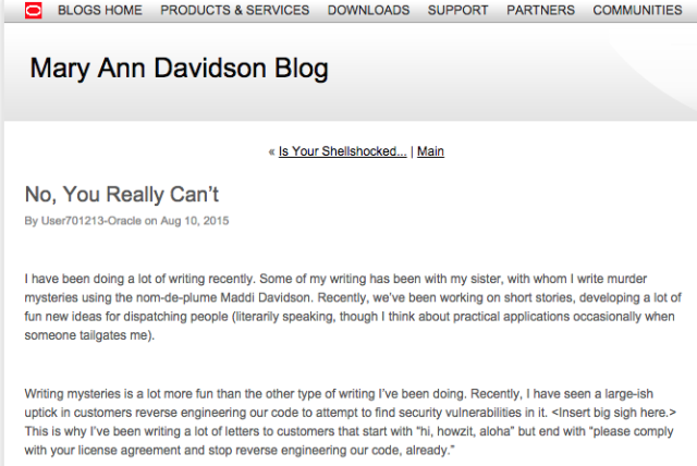 The now-deleted post by Mary Ann Davidson, Oracle's CSO.