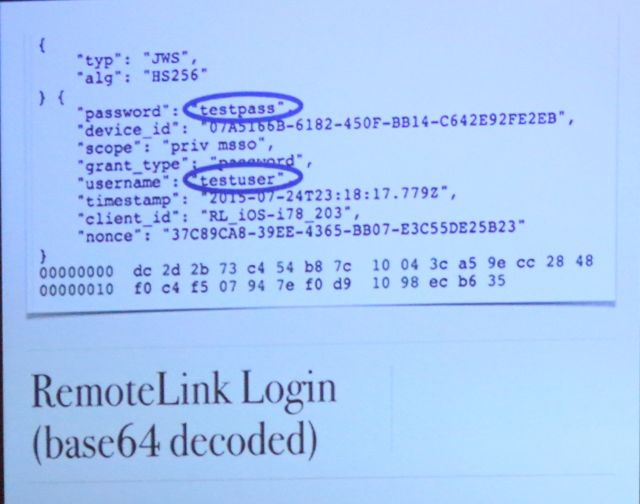 An example of decrypted RemoteLink data captured by OwnStar, from Kamkar's DefCon presentation.