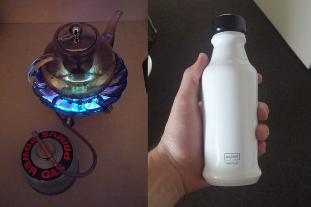 At left, Rob's Space Stove. At right, Soylent 2.0 from private beta.