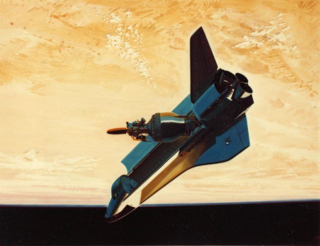 General Dynamics' artistic rendering of Shuttle-Centaur, with optimistic text about a 1986 target date for launch.