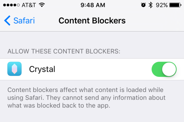 Enabling a content blocker in Safari's settings.
