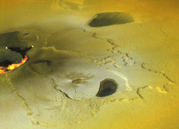 A Galileo image of some of the volcanic activity on Io.