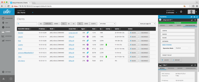 A quick peek at the wireless client list. The UniFi console is rich with functionality.