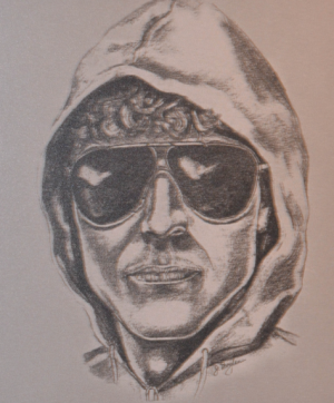Artist's sketch of the Unabomber from the viewpoint of a witness who saw him plant a bomb in Utah.
