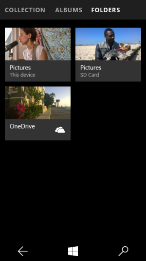 The new Photos app is both hamburgerless and exposes the folder structure on SD media.