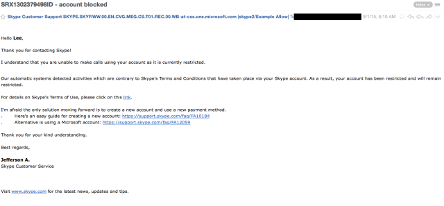 Skype restricted my paid account, without recourse, over a billing ...