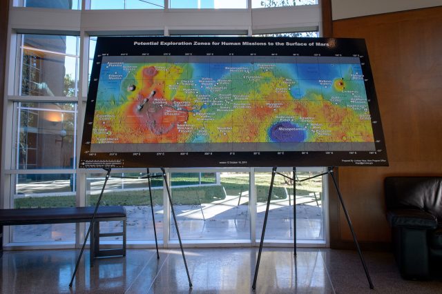 A poster showing proposed exploration zones is seen during the Mars Landing Site/Exploration Zone Workshop in Houston.