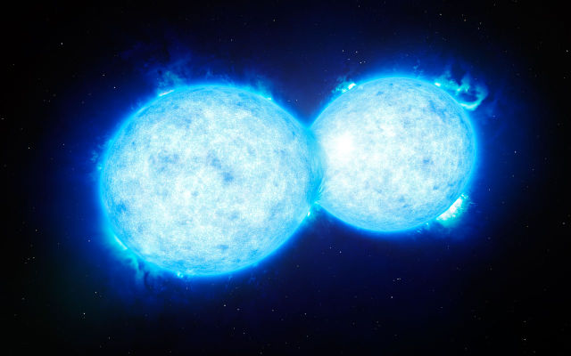 Artist's impression of VFTS 352, a binary star system 160,000 light-years away. The stars are close enough that some of their material is being shared between them.