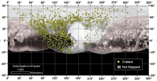 Locations of more than 1,000 craters mapped on Pluto by NASA’s New Horizons mission indicate a wide range of surface ages.
