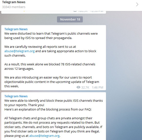 Messages sent today to Telegram users explaining what the service had done to block ISIS propaganda channels.