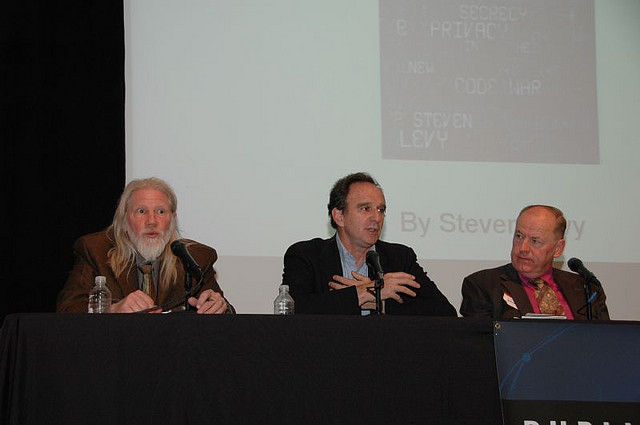 Speaking at a security conference (left to right): Whitfield Diffie, Martin Hellman, Brian Snow.