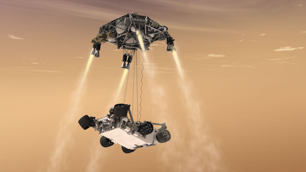 This artist's concept shows the sky crane maneuver during the descent of NASA's Curiosity rover to the Martian surface.