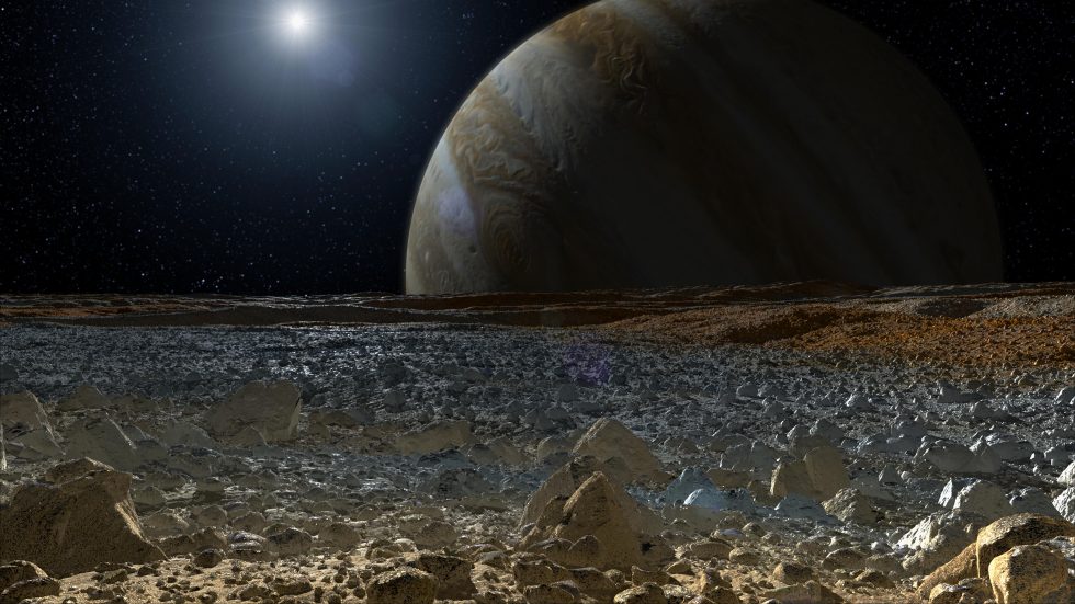 An artist’s concept shows what the surface of Jupiter’s moon Europa may look like.