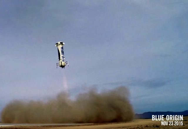 Screenshot of New Shepard space vehicle landing after a suborbital flight on Monday.