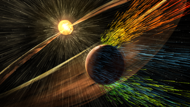 Artist’s rendering of a solar storm hitting Mars and stripping ions from the planet's upper atmosphere. 