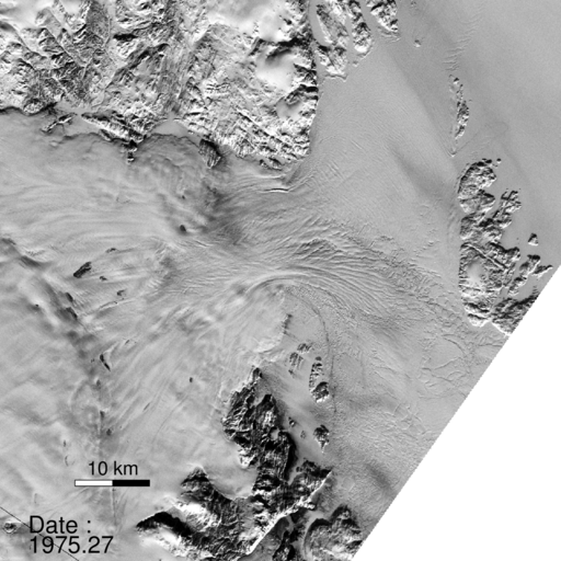 Green lines show the loss of Zachariae's floating ice shelf. The glacier flows from the left side of the image.