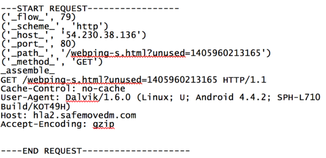 A Web request made by an Android phone to the little-known safemovedm.com domain.