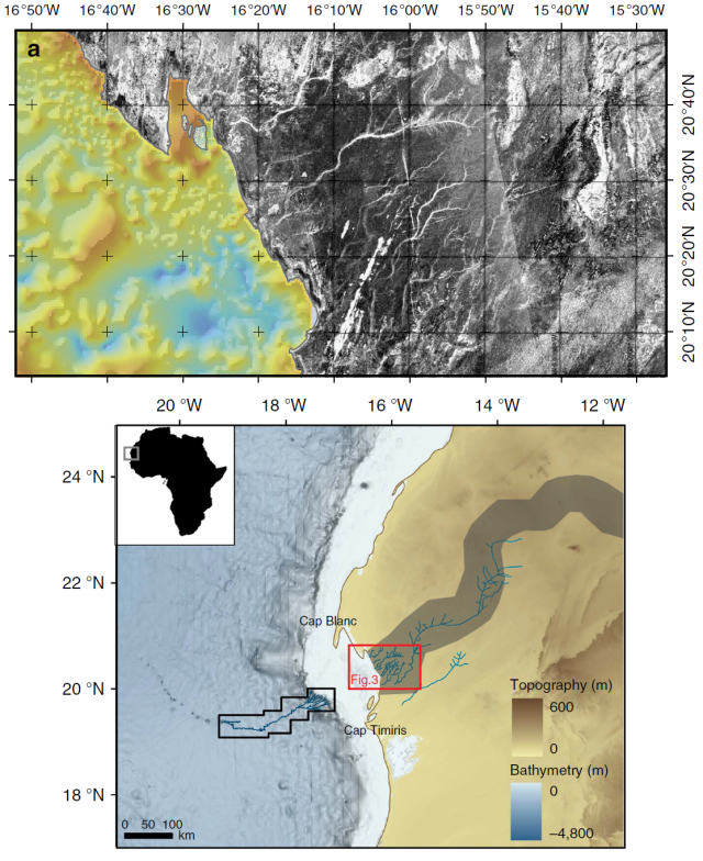 Part of the satellite data, at top, and the mapped river valleys at bottom. The wide gray band is the path that was predicted based on regional topography.