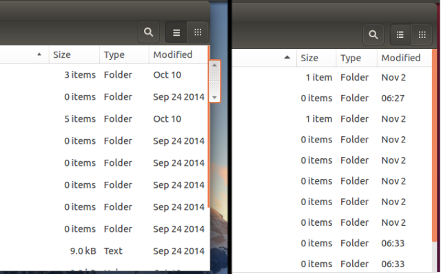 The old Ubuntu-created scroll bar is on the left, the new upstream version from GNOME on the right.