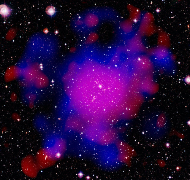 Composite image of Abell 2744, with the smaller substructures visible around the larger central mass. 