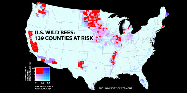 Red areas show regions where the need for fertilization is the highest, but number of wild bees is lowest. 