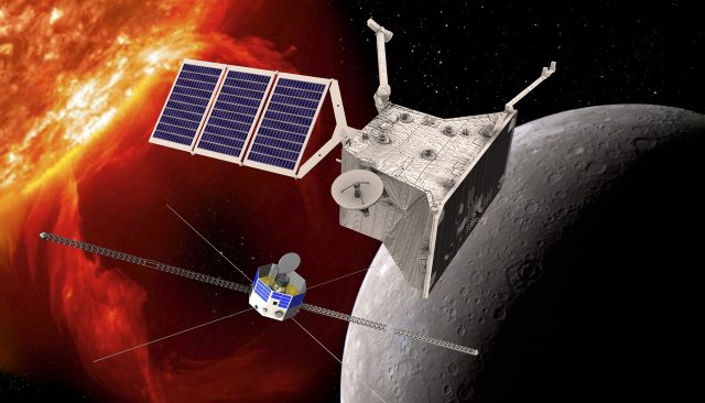 Een artistieke weergave van de BepiColombo-missie, een gezamenlijk project van ESA en JAXA, waarbij twee ruimtevaartuigen de extreme omgeving van Mercurius zullen betreden. 