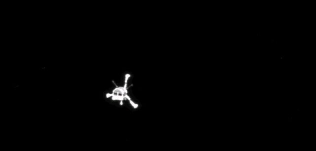 Rosetta's lander, Philae, is imaged shortly following its deployment in November 2014. Philae became the first-ever spacecraft to soft-land upon a comet's surface.