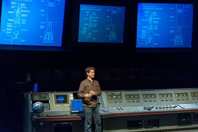 Talking about Saturn Vs at on stage at a NASA facility is always appropriate—here's XKCD creator Randall Munroe doing just that in 2015.
